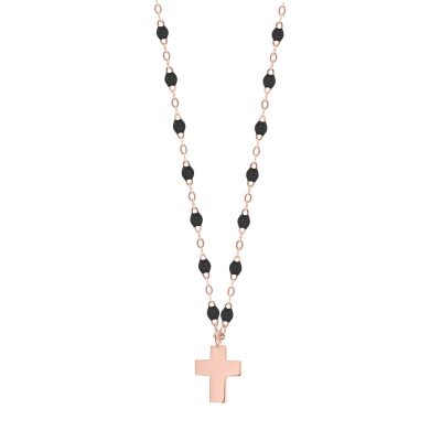 Collier gigiCLOZEAU pendentif croix en or rose et perles de résine noire