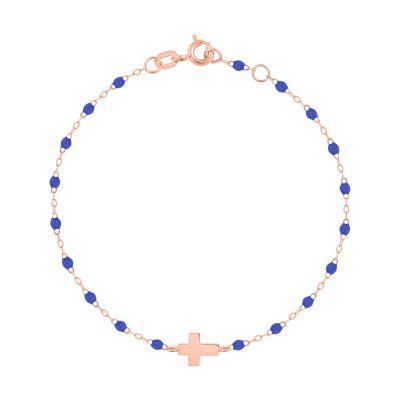 Bracelet gigiCLOZEAU croix en or rose et perles de résine bleu de prusse